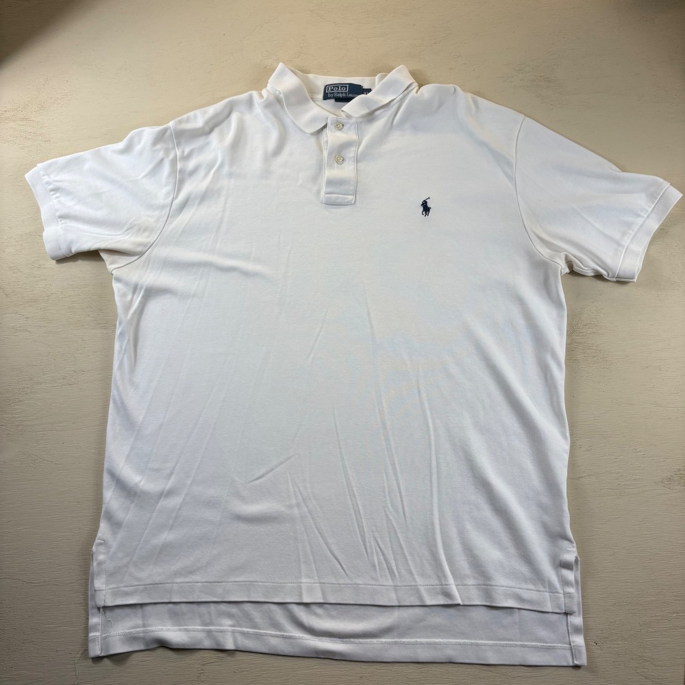 Polo Ralph Lauren Mens XL White Short Sleeve Cotton Polo Shirt Navy Preppy